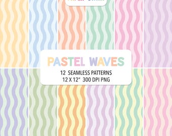 May include: A digital collection of 12 seamless patterns featuring vertical pastel waves in various color combinations. The image displays the text PAPER STARR, PASTEL WAVES, 12 SEAMLESS PATTERNS, and 12 X 12" 300 DPI PNG on white rectangular labels.