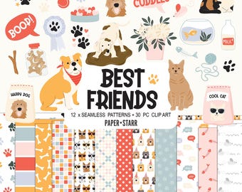 Best Friends Cat Dog Clipart Bundle, Digital Paper for Scrapbooking, Planner Stickers, Pet Birthday Crafts, Cute Puppy Kitten Graphics