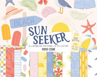 May include: A set of 12 summer-themed seamless patterns and 30 clipart images. The patterns feature a variety of designs, including seashells, palm leaves, sunbeams, and ice cream. The clipart images include a beach sign, a seagull, a starfish, a beach ball, and a sun. The text "SUN SEEKER" is featured in the center of the image. The text "PAPER+STARR" is featured at the bottom of the image.