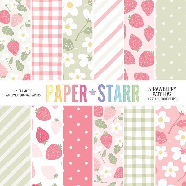 Summer Digital Paper, Strawberry Digital Paper, Summer Floral Patterns, Summer Scrapbook Paper, Card Making Paper, Strawberry Background