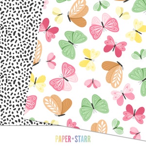 May include: A seamless pattern featuring colorful butterflies on a white background. The butterflies are in various shades of pink, green, yellow, and orange. The pattern is perfect for crafting, scrapbooking, and other creative projects.
