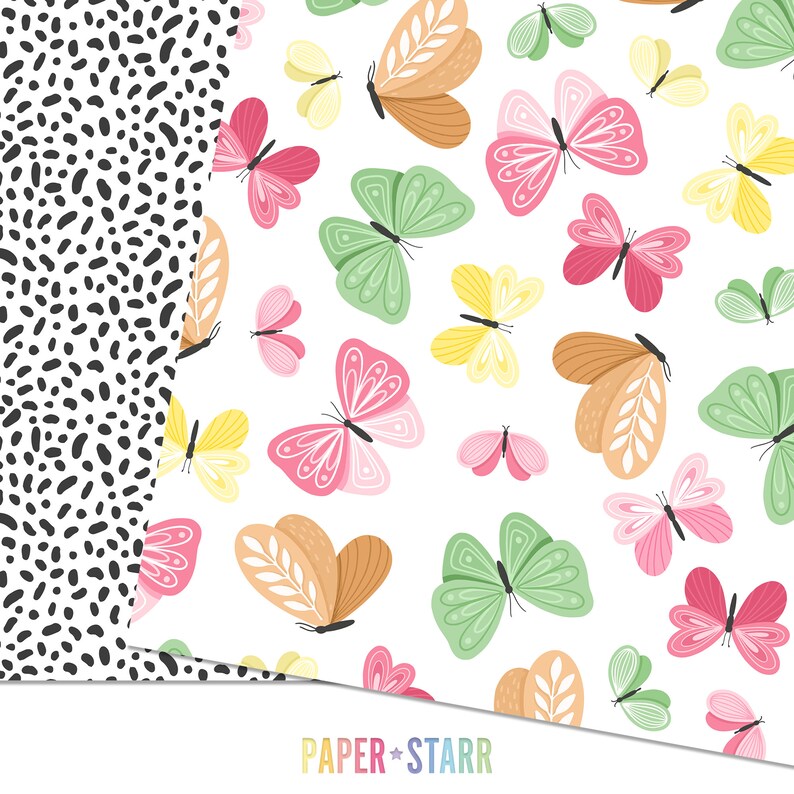 May include: A seamless pattern featuring colorful butterflies on a white background. The butterflies are in various shades of pink, green, yellow, and orange. The pattern is perfect for crafting, scrapbooking, and other creative projects.