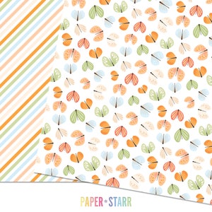 May include: Two digital paper designs. The first design is a striped pattern in orange, green, and blue. The second design features a white background with a repeating pattern of colorful butterflies.