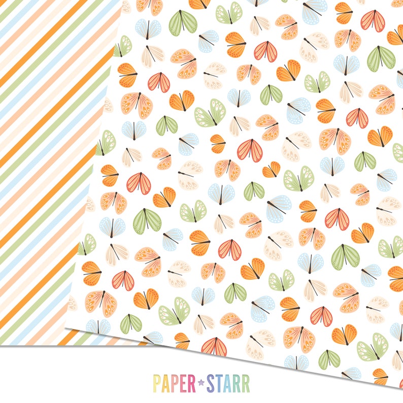 May include: Two digital paper designs. The first design is a striped pattern in orange, green, and blue. The second design features a white background with a repeating pattern of colorful butterflies.