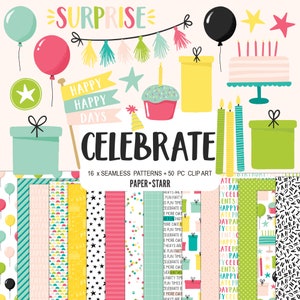 Birthday Digital Paper and Birthday Clipart Set, Party Invitation Graphics, Birthday Card Making Paper, Party Decor, Birthday Wrapping Paper