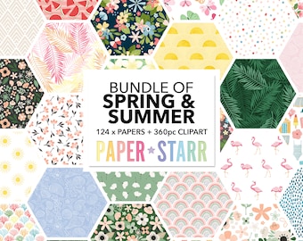 Papel digital de primavera, papel digital de verano, imágenes prediseñadas florales de primavera, imágenes prediseñadas de verano, imágenes prediseñadas de playa, patrones de verano, gráficos de primavera