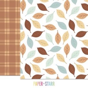 May include: A digital paper pack with two seamless patterns. The first pattern is a brown and white plaid. The second pattern features a white background with brown, beige, and blue leaves.