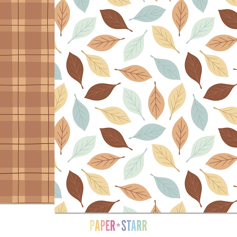 May include: A digital paper pack with two seamless patterns. The first pattern is a brown and white plaid. The second pattern features a white background with brown, beige, and blue leaves.