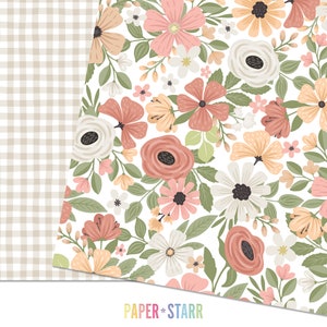 May include: A seamless pattern featuring a variety of pink, white, and peach flowers with green leaves on a white background. The flowers are arranged in a random pattern and the design is perfect for use in scrapbooking, card making, and other craft projects.
