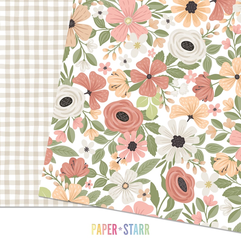 May include: A seamless pattern featuring a variety of pink, white, and peach flowers with green leaves on a white background. The flowers are arranged in a random pattern and the design is perfect for use in scrapbooking, card making, and other craft projects.