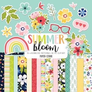 Papel digital de verano, imágenes prediseñadas de verano, papel digital floral, imágenes prediseñadas florales, patrones sin fisuras, invitación de fiesta de verano, pegatinas de verano