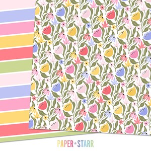 May include: Two digital paper designs. One design features a white background with a repeating pattern of colorful flowers and leaves. The other design features a striped pattern in pink, yellow, green, and blue.