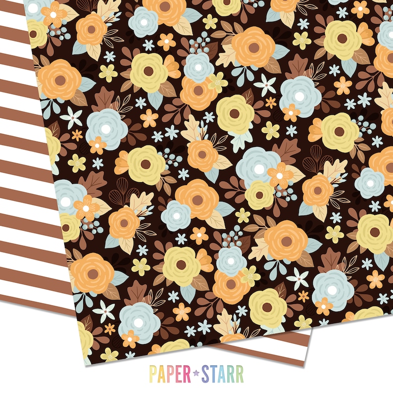 May include: A seamless pattern featuring a repeating design of various sized flowers in shades of yellow, orange, and blue on a dark brown background. The flowers are surrounded by small white stars and brown leaves.