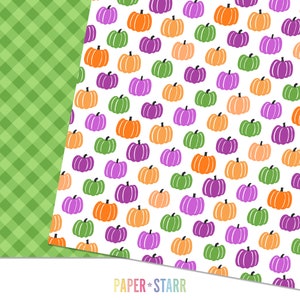 Puede incluir: Un patr&oacute;n sin costuras con calabazas coloridas en tonos naranja, verde, morado y rosa. Las calabazas est&aacute;n dispuestas en un patr&oacute;n repetitivo sobre un fondo blanco.