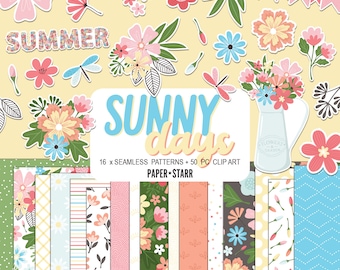 Papel digital de verano, imágenes prediseñadas de verano, papel digital floral, imágenes prediseñadas florales, patrones sin costuras, invitación para fiesta de verano, pegatinas de verano