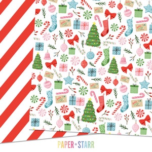 K&ouml;nnte beinhalten: Ein wei&szlig;er Hintergrund mit einem sich wiederholenden Muster aus weihnachtlichen Illustrationen. Das Muster enth&auml;lt Weihnachtsb&auml;ume, Zuckerstangen, Ornamente, Geschenke, Schleifen und Stechpalmenzweige. Der Text "Santa Claus Mailroom" erscheint auf einigen der Geschenke.