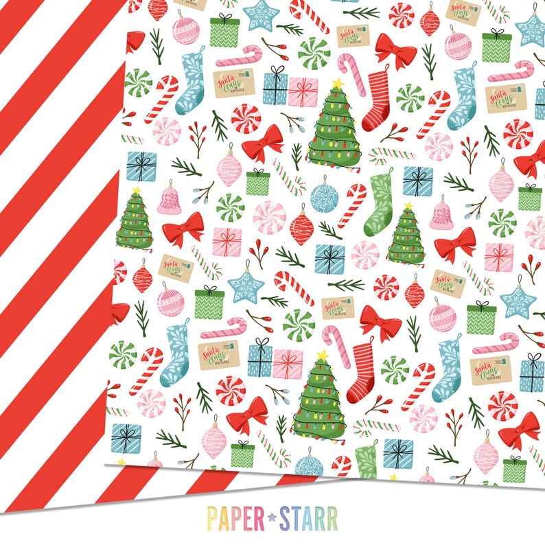 K&ouml;nnte beinhalten: Ein wei&szlig;er Hintergrund mit einem sich wiederholenden Muster aus weihnachtlichen Illustrationen. Das Muster enth&auml;lt Weihnachtsb&auml;ume, Zuckerstangen, Ornamente, Geschenke, Schleifen und Stechpalmenzweige. Der Text "Santa Claus Mailroom" erscheint auf einigen der Geschenke.