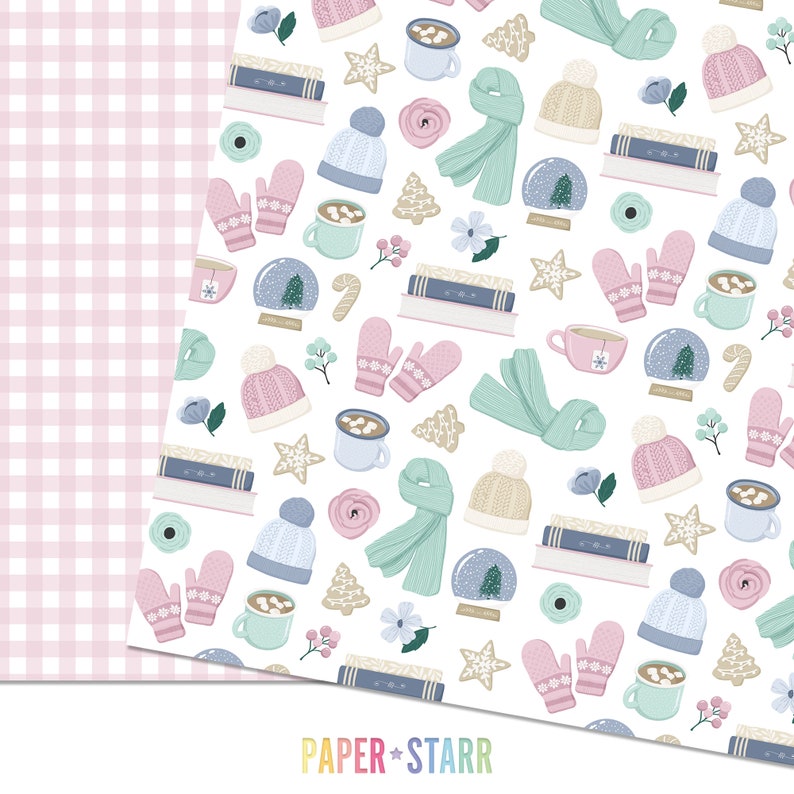 May include: A seamless pattern featuring winter-themed illustrations in pastel colours. The pattern includes mittens, hats, scarves, mugs of hot chocolate, snow globes, and books. The background is white with a pink and white gingham pattern on the left side of the image. The text "PAPER+STARR" is at the bottom of the image.