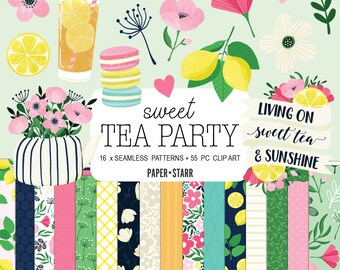 Papel digital de primavera, imágenes prediseñadas de primavera, PNG de té dulce, papel digital floral, pegatina de té dulce, patrón de fiesta en el jardín, suministros para hacer tarjetas