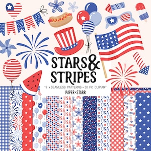 Papier numérique du 4 juillet, Clipart du 4 juillet, papier numérique de la fête de l'indépendance, Clipart drapeau des États-Unis, Clipart papier numérique patriotique américain
