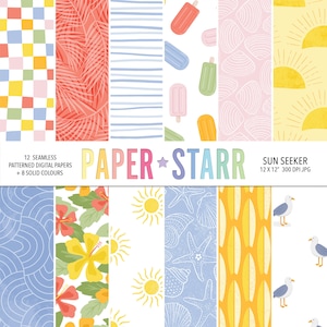 Papel digital de verano, papel digital de playa, papel digital floral, fondo de verano, patrón de sol, patrón de palmera, patrones de verano brillantes