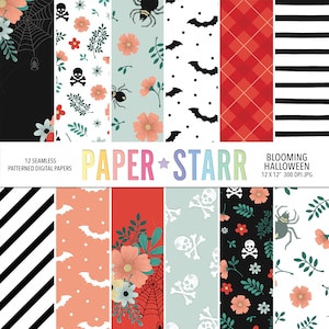 Halloween Digital Paper, Floral Halloween, Halloween Pattern, Skull and Cross Bones, Spider Web Pattern, Halloween Bat Pattern, Spiders