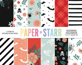Halloween Digital Paper, Floral Halloween, Halloween Pattern, Skull and Cross Bones, Spider Web Pattern, Halloween Bat Pattern, Spiders