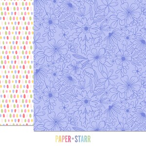 May include: A digital paper pack with two designs. The first design is a white background with colorful polka dots. The second design is a light blue background with a floral pattern in a darker blue.