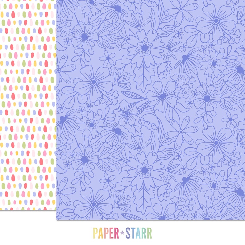 May include: A digital paper pack with two designs. The first design is a white background with colorful polka dots. The second design is a light blue background with a floral pattern in a darker blue.