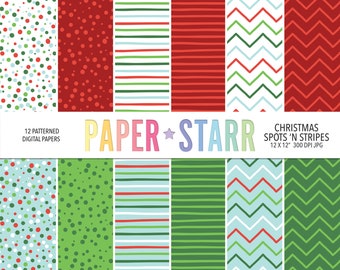 Puede incluir: Una colección de 12 papeles digitales estampados con diseños navideños. Los papeles presentan varios patrones, incluyendo lunares, rayas y zigzags en rojo, verde y azul. También se ve el texto "PAPER STARR" y "CHRISTMAS SPOTS 'N STRIPES".