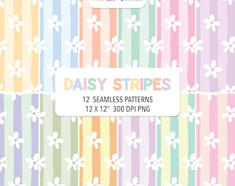Pastel Daisy Digital Paper, Daisy Stripe Pattern, Seamless Digital Paper, Seamless Stripe Pattern, Floral Stripe, Summer Stripes
