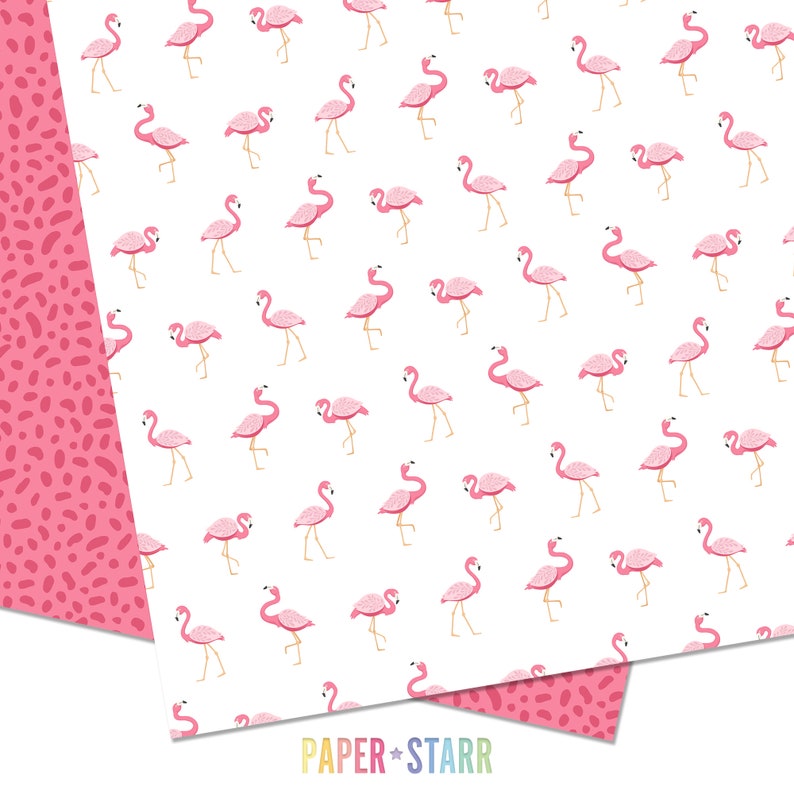 May include: A seamless pattern featuring pink flamingos on a white background. The flamingos are facing different directions and are in various poses. The pattern is perfect for use in crafting, scrapbooking, and other creative projects.