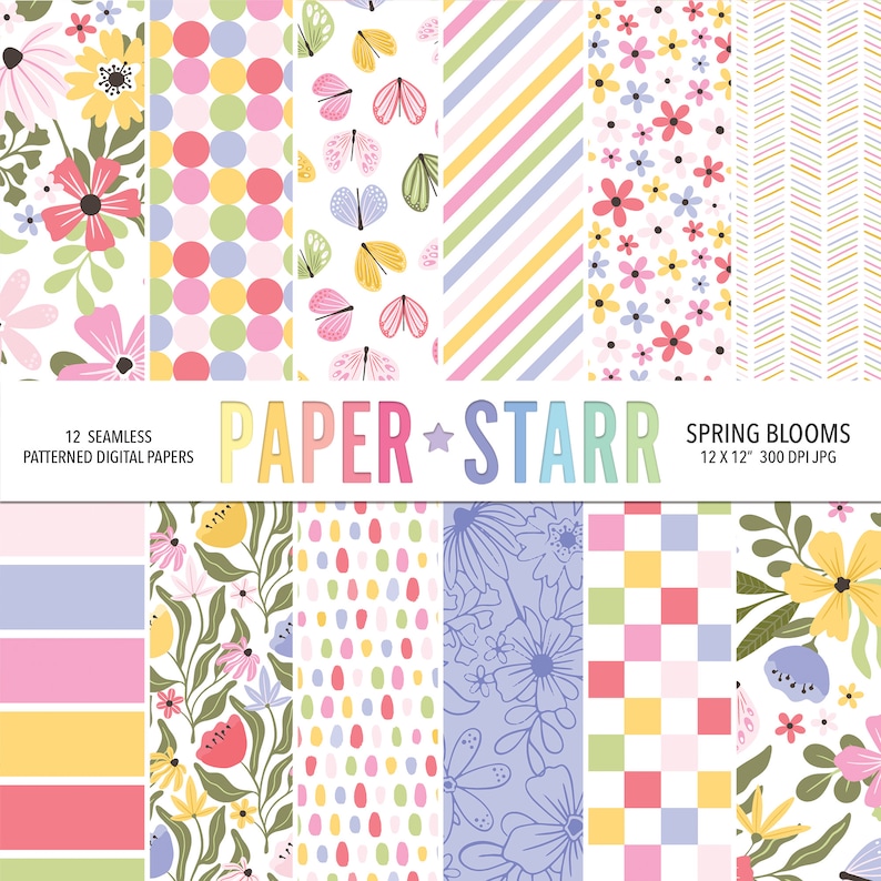Peut inclure: Douze motifs de papier num&eacute;rique sur le th&egrave;me du printemps. Les motifs comprennent des fleurs, des papillons, des pois, des rayures et des carreaux dans les tons rose, jaune, bleu et vert.