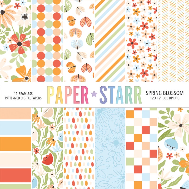 May include: Twelve seamless digital paper patterns in a spring blossom theme. The patterns include flowers, butterflies, polka dots, stripes, and geometric designs in shades of pink, orange, blue, green, and yellow. The papers are 12 inches by 12 inches and 300 DPI.