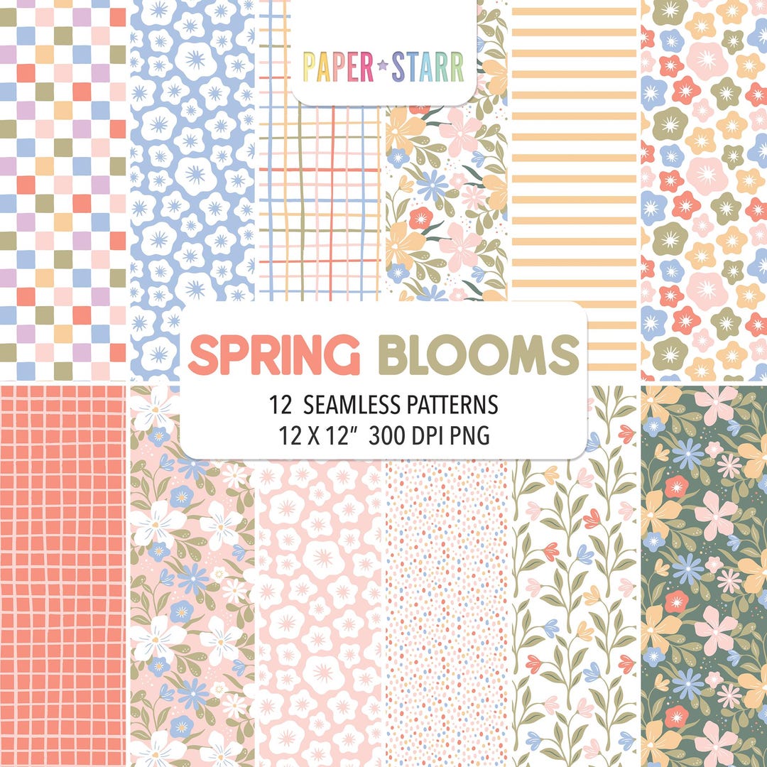 Spring Floral Digital Paper, Seamless Floral Patterns, Spring Gingham ...