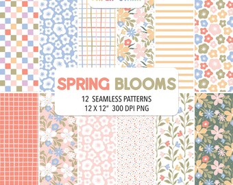 Papel digital floral de primavera, patrones florales sin costuras, patrón de cuadros vichy de primavera, patrón de cuadros brillantes, flores de primavera