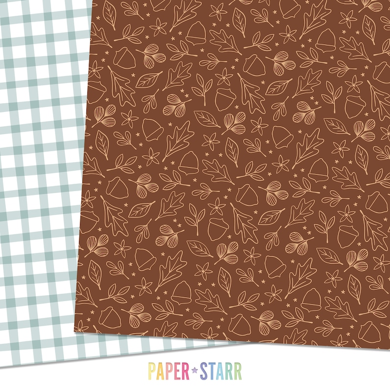 May include: A seamless pattern featuring a brown background with a white outline of leaves, acorns, and small stars. The pattern is perfect for fall-themed crafts and projects.
