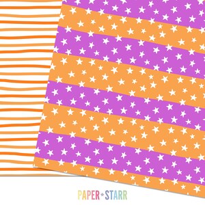 Puede incluir: Dos patrones de papel digital. Un patr&oacute;n es de rayas naranja y blancas. El otro patr&oacute;n es de rayas naranja y moradas con estrellas blancas.