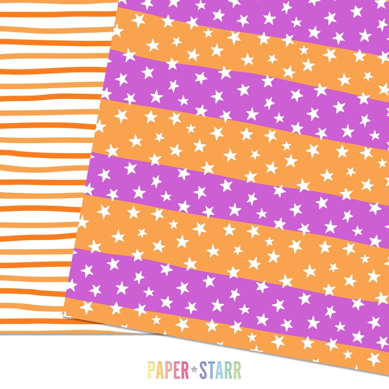 Puede incluir: Dos patrones de papel digital. Un patr&oacute;n es de rayas naranja y blancas. El otro patr&oacute;n es de rayas naranja y moradas con estrellas blancas.