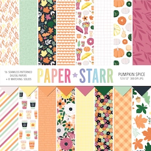 May include: A set of 16 digital papers featuring fall-themed patterns, including leaves, pumpkins, flowers, and coffee cups. The papers are 12 inches by 12 inches and 300 DPI.