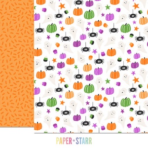 Puede incluir: Un patr&oacute;n sin costuras que presenta un fondo blanco con varios elementos de tem&aacute;tica de Halloween, incluyendo calabazas, fantasmas, ara&ntilde;as, ma&iacute;z dulce y estrellas. El patr&oacute;n se repite en el lado derecho de la imagen, mientras que el lado izquierdo presenta un fondo naranja s&oacute;lido con un patr&oacute;n de guiones naranjas.