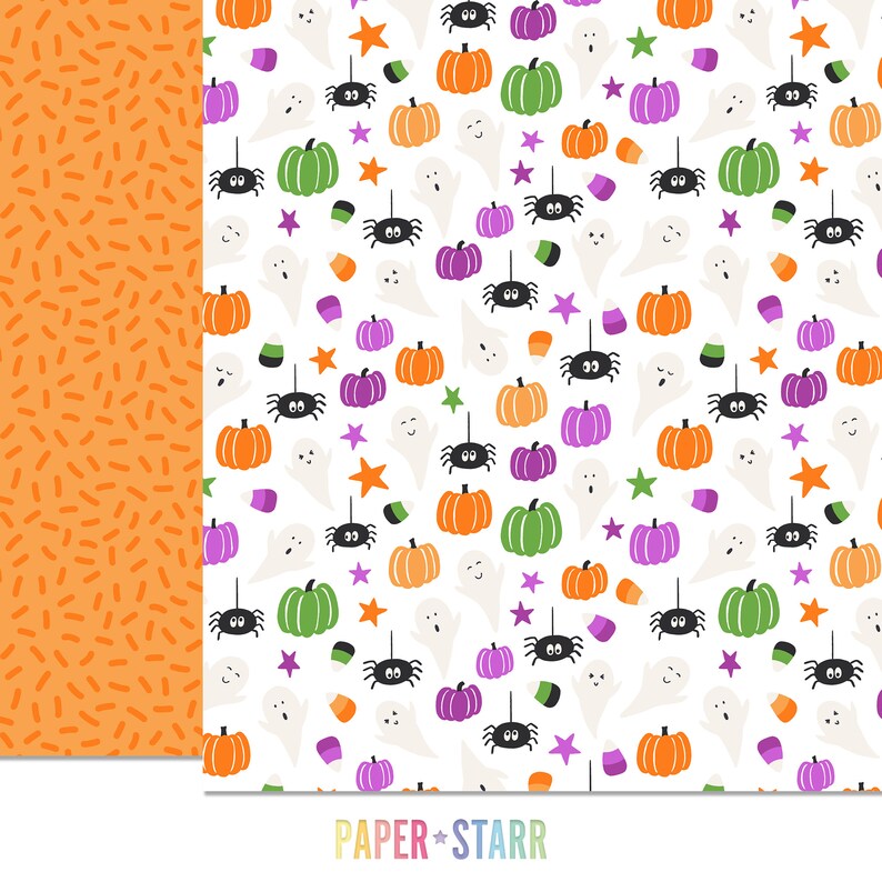 Puede incluir: Un patr&oacute;n sin costuras que presenta un fondo blanco con varios elementos de tem&aacute;tica de Halloween, incluyendo calabazas, fantasmas, ara&ntilde;as, ma&iacute;z dulce y estrellas. El patr&oacute;n se repite en el lado derecho de la imagen, mientras que el lado izquierdo presenta un fondo naranja s&oacute;lido con un patr&oacute;n de guiones naranjas.