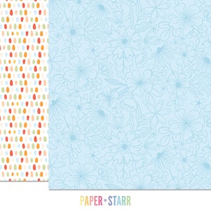 May include: Two digital paper patterns. The first pattern is a vertical row of colorful, abstract, oval shapes on a white background. The second pattern is a light blue background with a white floral design. The text "PAPER + STARR" is at the bottom of the image.