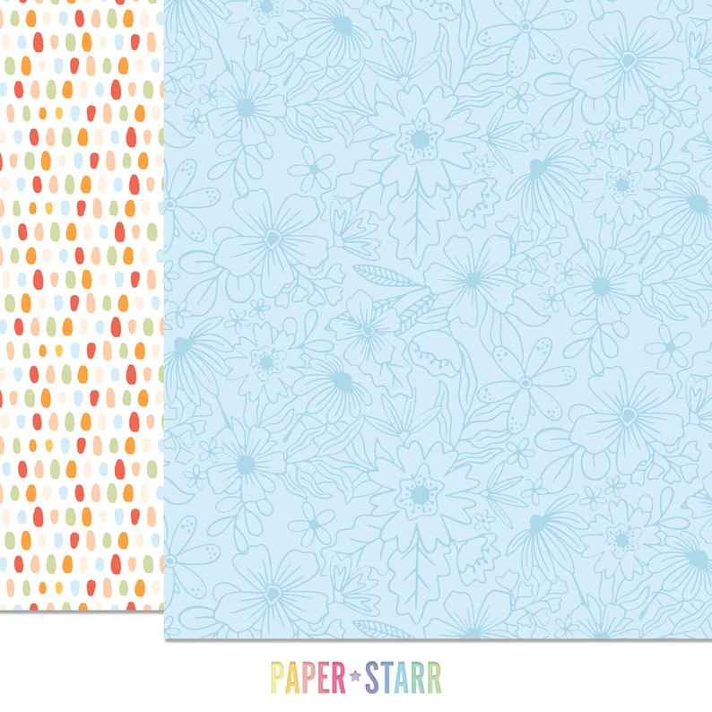 May include: Two digital paper patterns. The first pattern is a vertical row of colorful, abstract, oval shapes on a white background. The second pattern is a light blue background with a white floral design. The text "PAPER + STARR" is at the bottom of the image.