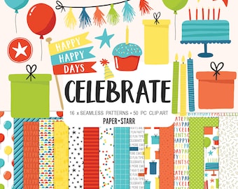 May include: A set of 16 colorful seamless patterns and 50 clip art images featuring birthday party elements. The clip art includes a cake, candles, balloons, stars, gift boxes, and a cupcake. The patterns include stars, stripes, polka dots, and confetti. The text "Surprise", "Happy Happy Days", and "Celebrate" is included in the image.