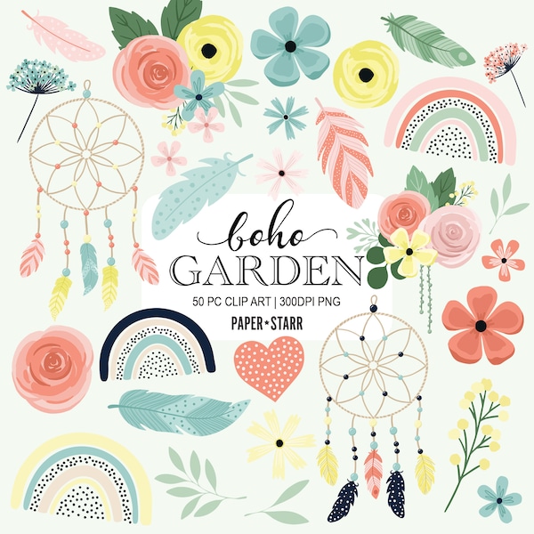 Spring Clipart, Boho Clipart, Spring Floral PNG, Floral Clip Art, Spring Stickers, Card Making Supplies, Garden Party Decor, Scrapbook Set