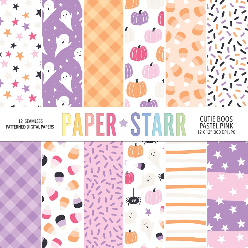 Puede incluir: Doce dise&ntilde;os de papel digital en rosa pastel y morado con temas de Halloween. Los dise&ntilde;os incluyen fantasmas, calabazas, ma&iacute;z dulce, estrellas y chispas.