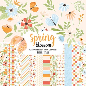 Spring Digital Paper, Spring Floral Clipart, Floral Digital Paper, Butterfly Clipart, Spring Backgrounds, Spring Stickers, Flower PNG