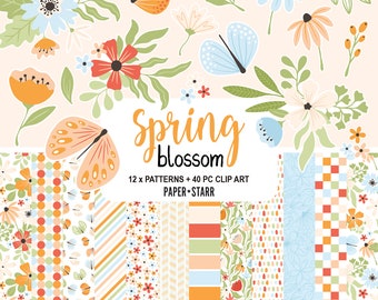 Papel digital de primavera, imágenes prediseñadas florales de primavera, papel digital floral, imágenes prediseñadas de mariposa, fondos de primavera, pegatinas de primavera, PNG de flores