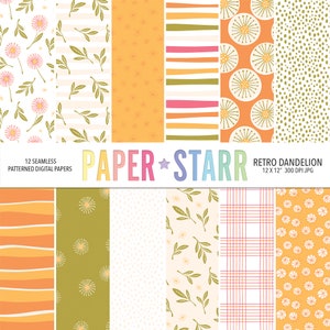 May include: Twelve digital paper patterns featuring retro dandelion designs in orange, green, white, and pink. The patterns include stripes, polka dots, and floral motifs. The text "PAPER STAR" is displayed in rainbow colors.
